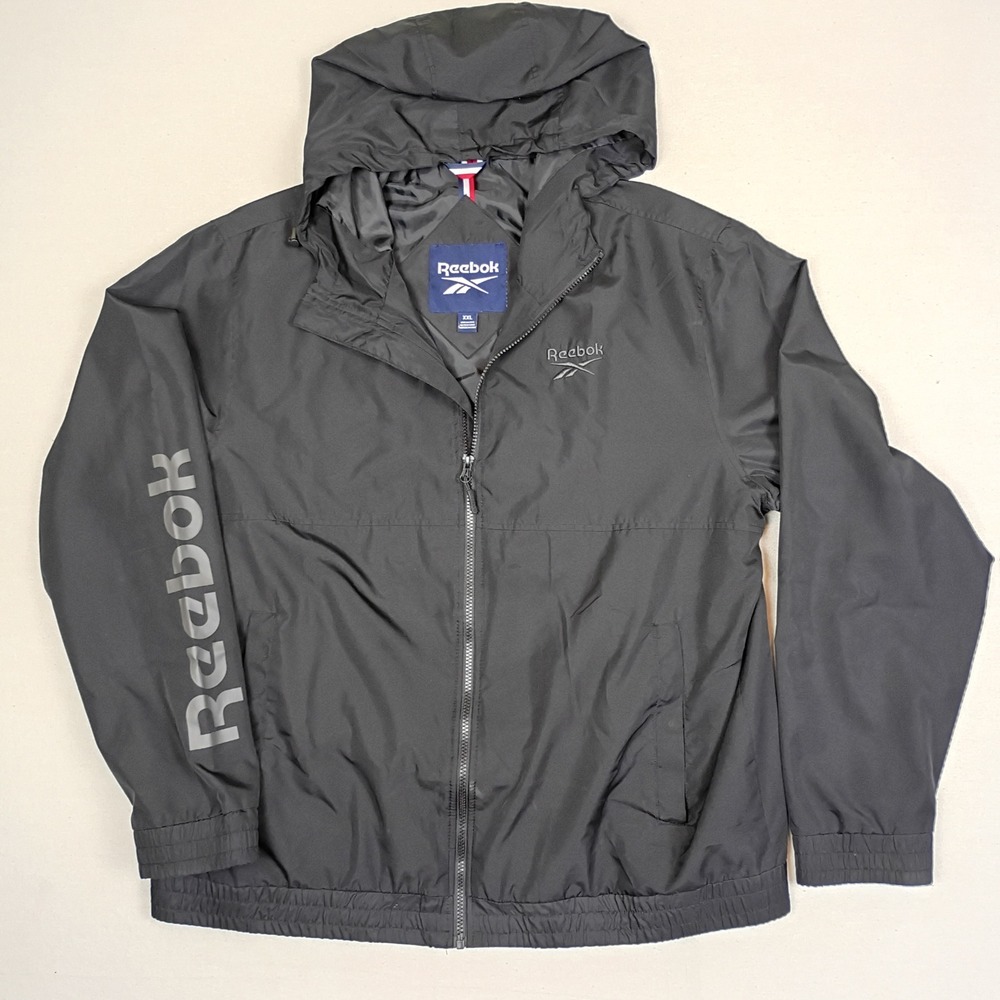 Reebok Mens XXL Black Full Zip Hooded Windbreaker Jacket Logo Sleeve RN 127805